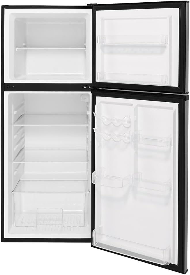 GE GPV10FSNSB 24' Top Freezer Refrigerator with 9.93 cu. ft. Capacity 12V DC Power Only LED Lighting and Adjustable Spillproof Glass Shelves in Stainless Steel and Black