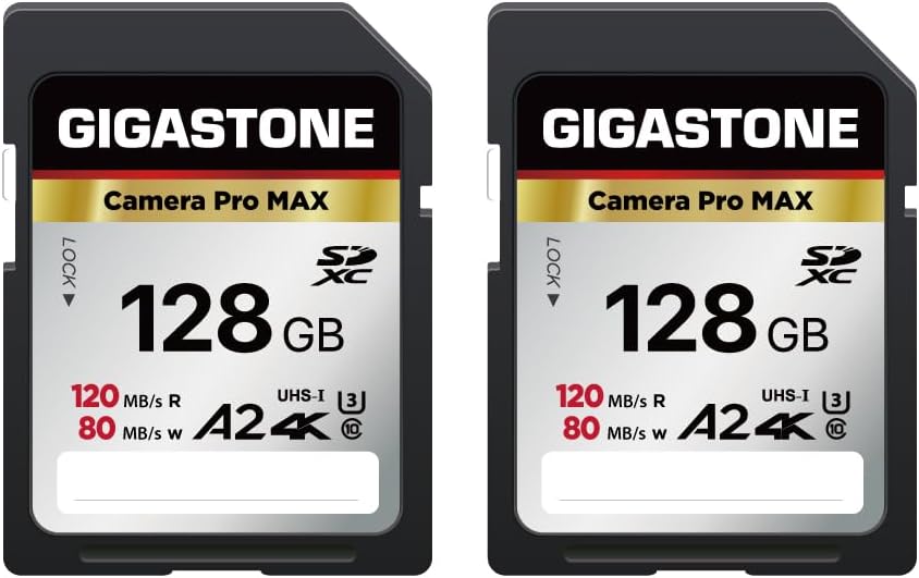 【5-Years Data Recovery】 GIGASTONE 128GB SD Card 2-Pack, 4K Camera Pro MAX, A2 4K SDXC Memory Card High Speed 4K UHD Video Compatible with Canon Kodak Digital Camera, with 2 Mini case