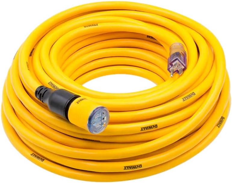 DEWALT 100 Foot Extension CordLighted Click-to-Lock 10/3 SJTW -Heavy Duty Outdoor, Waterproof, Weatherproof, Heat & Corrosion Resistant Industrial Strength Light Up Three Prong Outlet Plug Power Cord