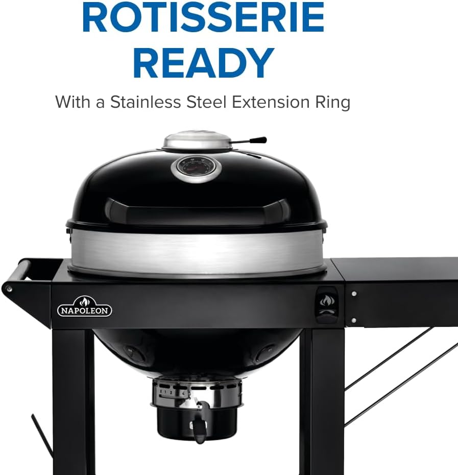 Napoleon PRO22 Charcoal Kettle Grill with Folding Cart, Black, Porcelain-Enameled Lid and Bowl, Chrome-Plated Cooking Grid