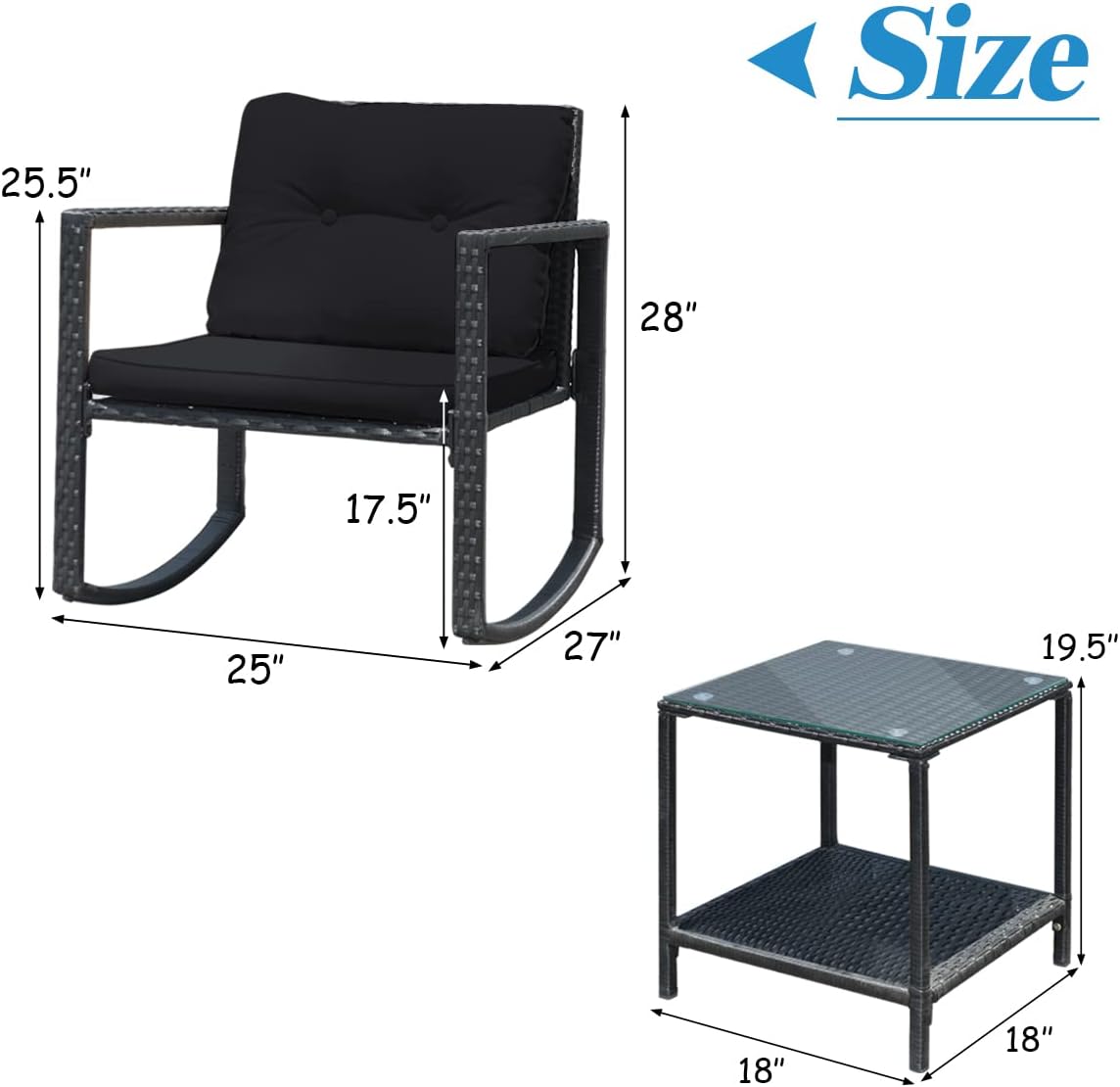 Tangkula 3 Pieces Patio Wicker Rocking Bistro Set, Outdoor Rocking Chair Furniture Set w/Cushioned Seat, Conversation Set w/Glass Coffee Table and Storage Shelf (Black)