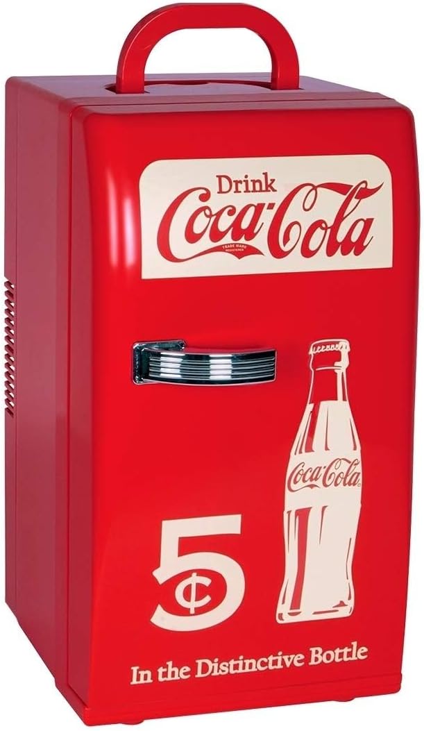 Coca Cola Mini Fridge - 18 Can Refrigerator for Bedroom Office, Portable Table Top Beverage Cooler, 12V 110V Refrigerador For Drink, Soda, Wine, Use In Car, Dorm, Outdoor, Patio