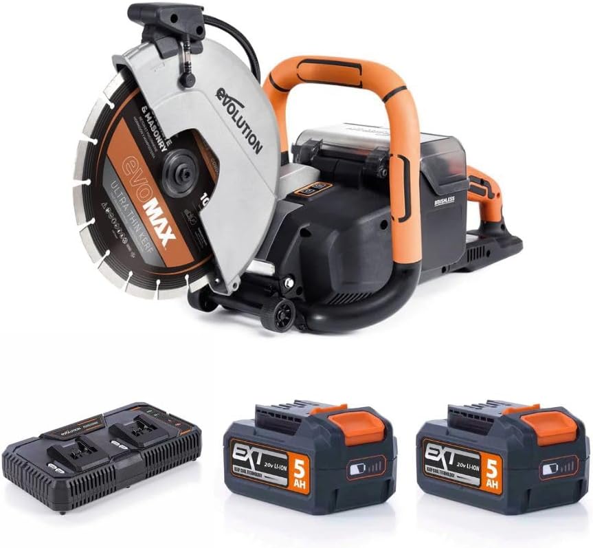 Evolution R10DCT-Li Cordless 10' Concrete Saw | Includes 2x 5Ah Batteries, Dual-Port Charger & EVOMAX Diamond Blade | 4' Cut Depth | Auto Water Dust Suppression | 40V Brushless | Heavy-Duty Cutting