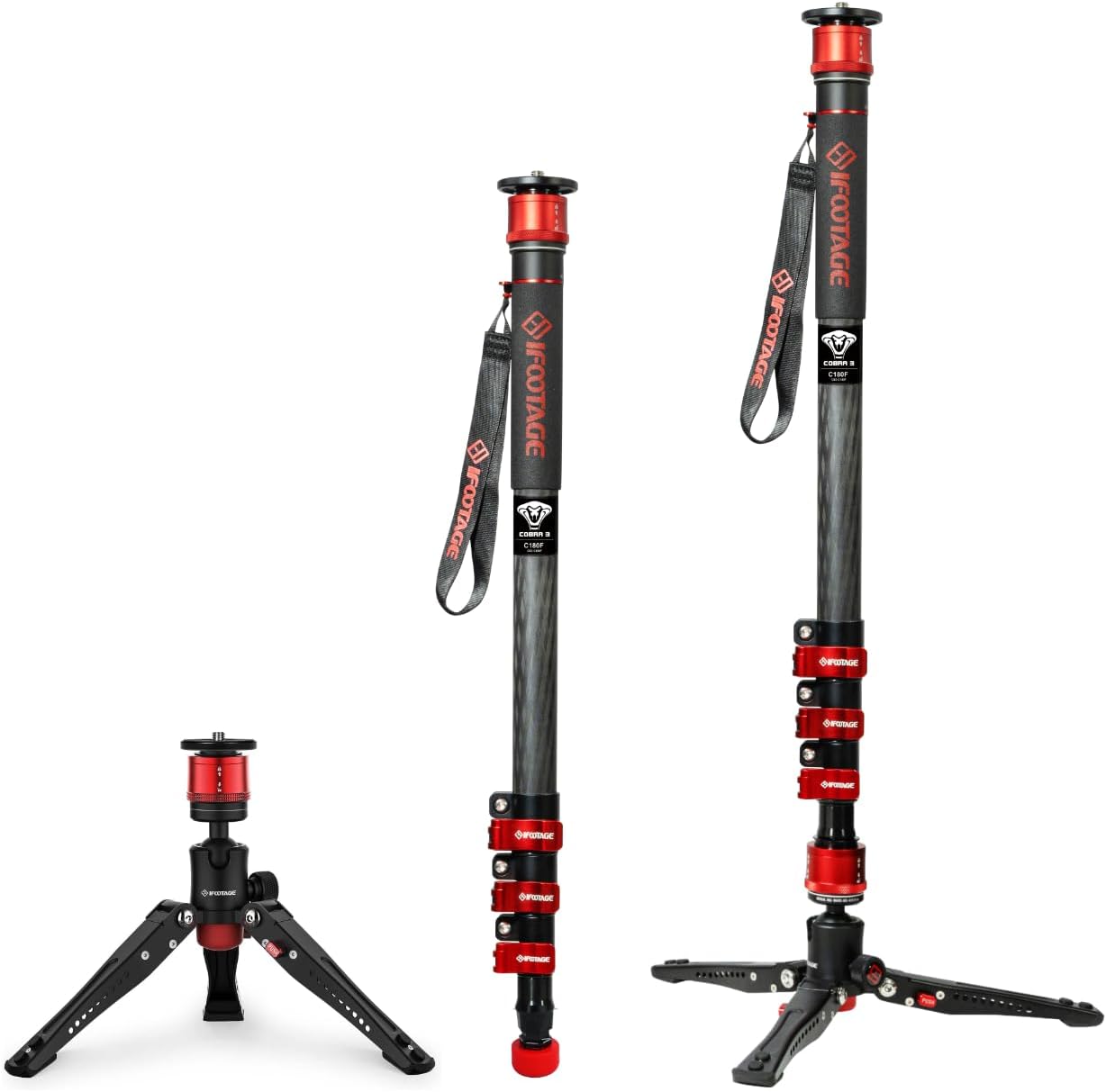 IFOOTAGE Monopod Cobra 3 C180F, 71' Carbon Fiber Travel Monopod with Base, Professional Video Monopod with Tripod Base, Max Load 10KG