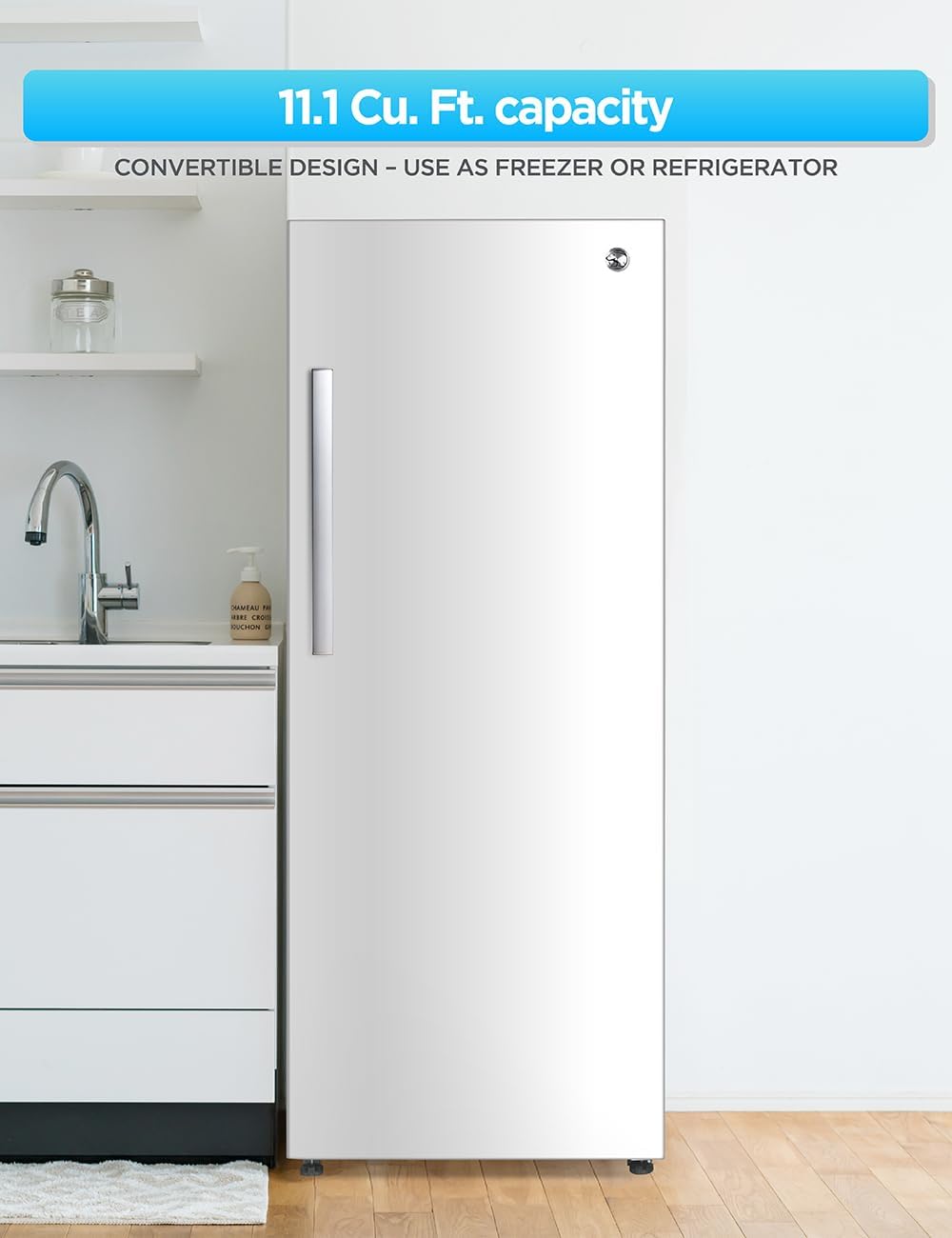 Commercial Cool 11.1 Cu. Ft. Convertible Freezer Refrigerator, Upright Fridge with Glass Shelves, Reversible Door, ENERGY STAR rated, Auto Defrost, CCUC1110GW, White