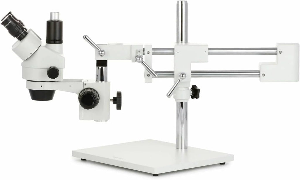 AmScope SM-4TZZ-144A Professional Trinocular Stereo Zoom Microscope, WH10x and WH20x Eyepieces, 3.5X-180X Magnification, 0.7X-4.5X Zoom Objective, Ambient Lighting, Double-Arm Boom Stand, Includes 0.5X and 2.0X Barlow Lens