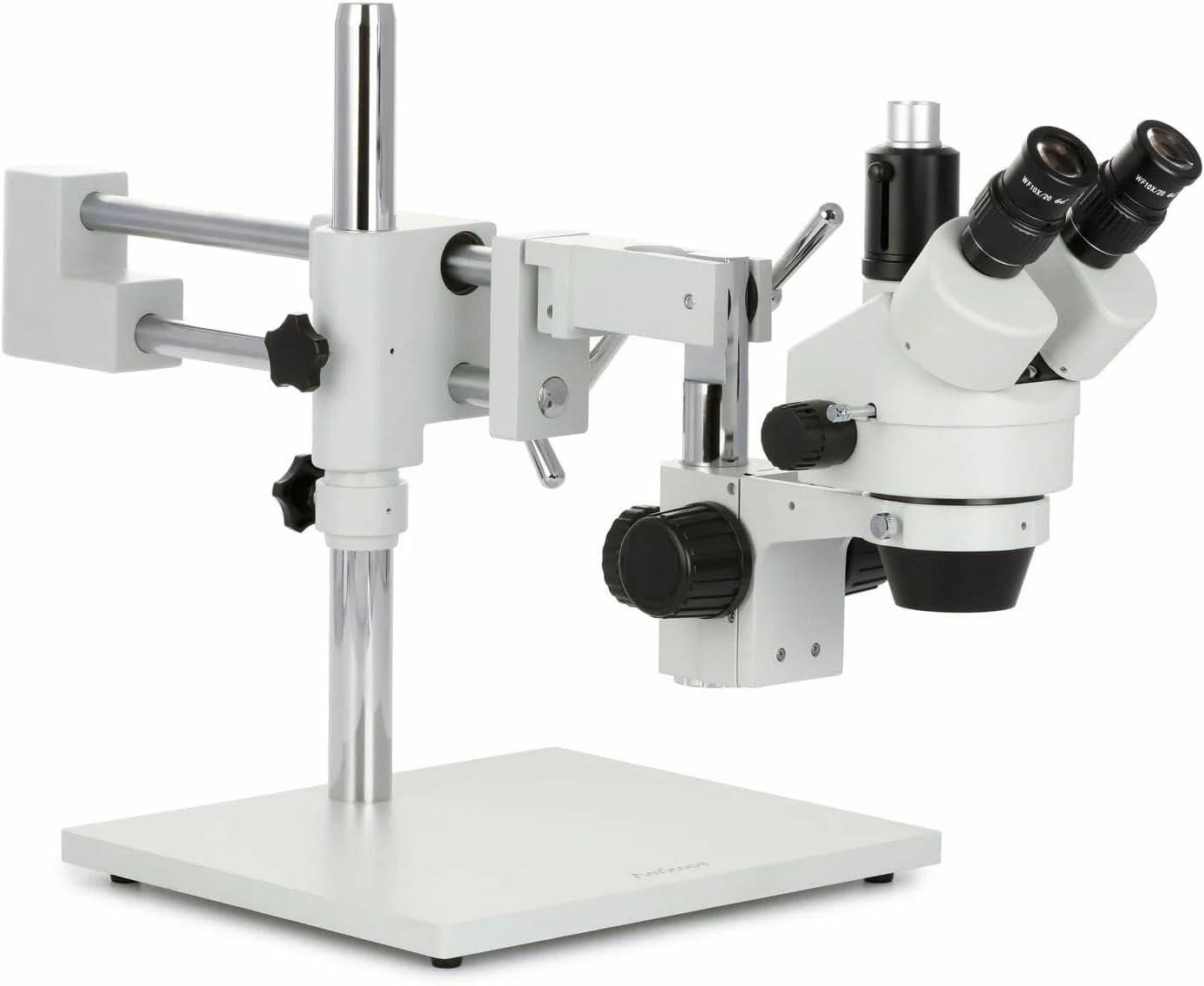 AmScope SM-4TZZ-144A Professional Trinocular Stereo Zoom Microscope, WH10x and WH20x Eyepieces, 3.5X-180X Magnification, 0.7X-4.5X Zoom Objective, Ambient Lighting, Double-Arm Boom Stand, Includes 0.5X and 2.0X Barlow Lens