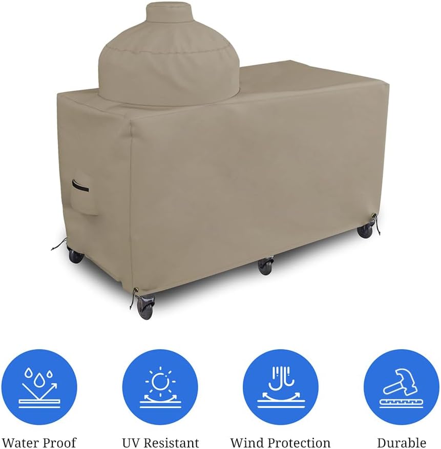 Covers & all Big Egg Grill Cover, 12 Oz Waterproof UV & Weather Resistant, PVC Coated Outdoor Cover with Air Vents & Drawstrings (60' L x 36' D x 50' H, Beige)
