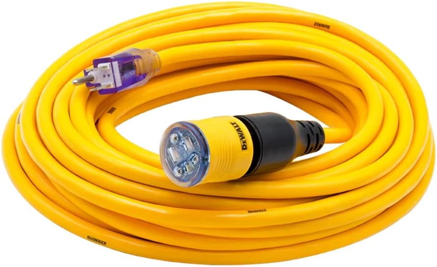 DEWALT 100 Foot Extension CordLighted Click-to-Lock 10/3 SJTW -Heavy Duty Outdoor, Waterproof, Weatherproof, Heat & Corrosion Resistant Industrial Strength Light Up Three Prong Outlet Plug Power Cord