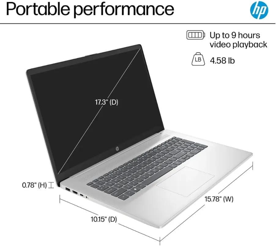HP 17.3' FHD Display, Free Microsoft Office 2024 Lifetime License, Copilot AI Chat,16GB RAM, 512GB SSD, AMD Ryzen 5 Processor, Webcam, Numeric Keypad, Long Battery Life, Windows 11 Pro,Silver
