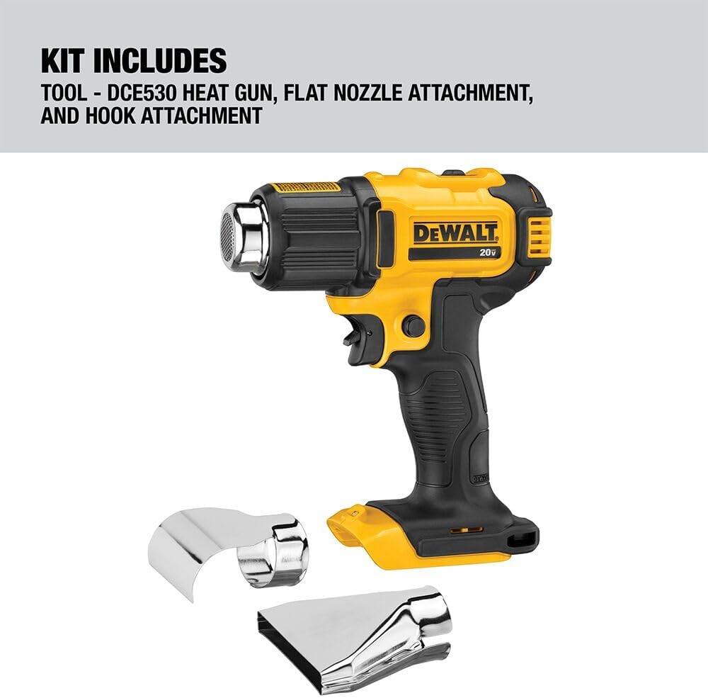 DEWALT 20V MAX Heat Gun, Cordless, Up to 990 Degrees, 42 Minutes of Run Time, LED Light, Heatgun with Flat and Hook Nozzle Attachments,Tool Only (DCE530B)