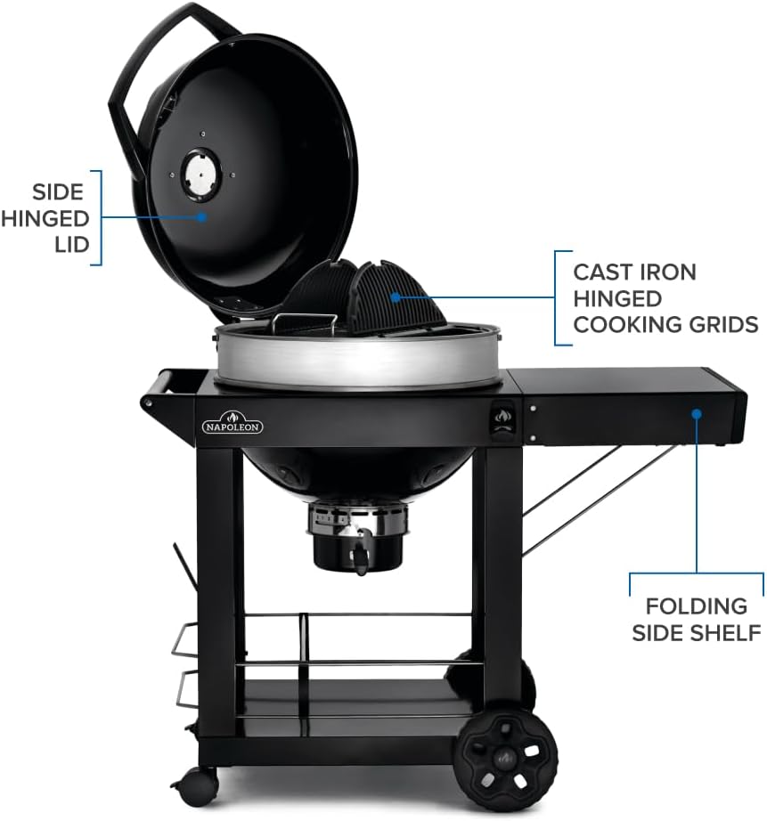 Napoleon PRO22 Charcoal Kettle Grill with Folding Cart, Black, Porcelain-Enameled Lid and Bowl, Chrome-Plated Cooking Grid