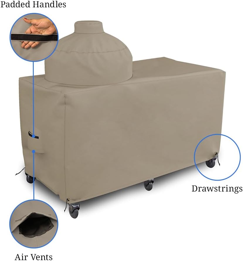 Covers & all Big Egg Grill Cover, 12 Oz Waterproof UV & Weather Resistant, PVC Coated Outdoor Cover with Air Vents & Drawstrings (60' L x 36' D x 50' H, Beige)