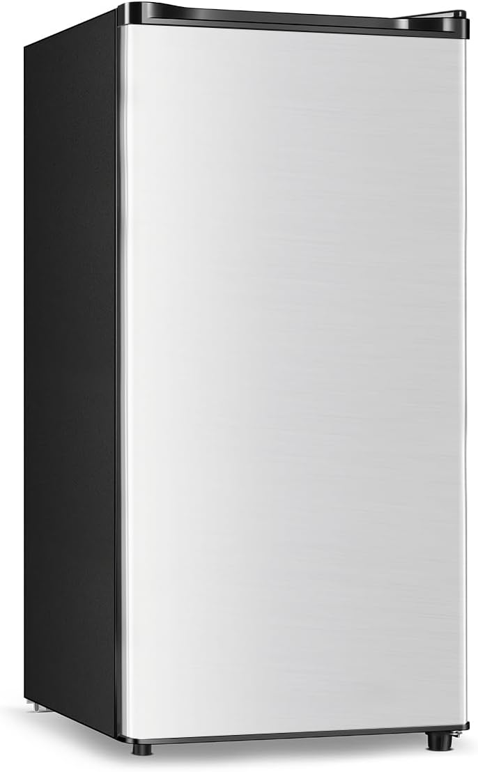 Seaoola Mini Fridge with Freezer, Single Door 3.1 Cu.Ft, Compact Mini Refrigerator, LED Light, Adjustable Thermostat, Removable Glass Shelves, Small Refrigerator for Dorm/Office/Bedroom(Sliver)