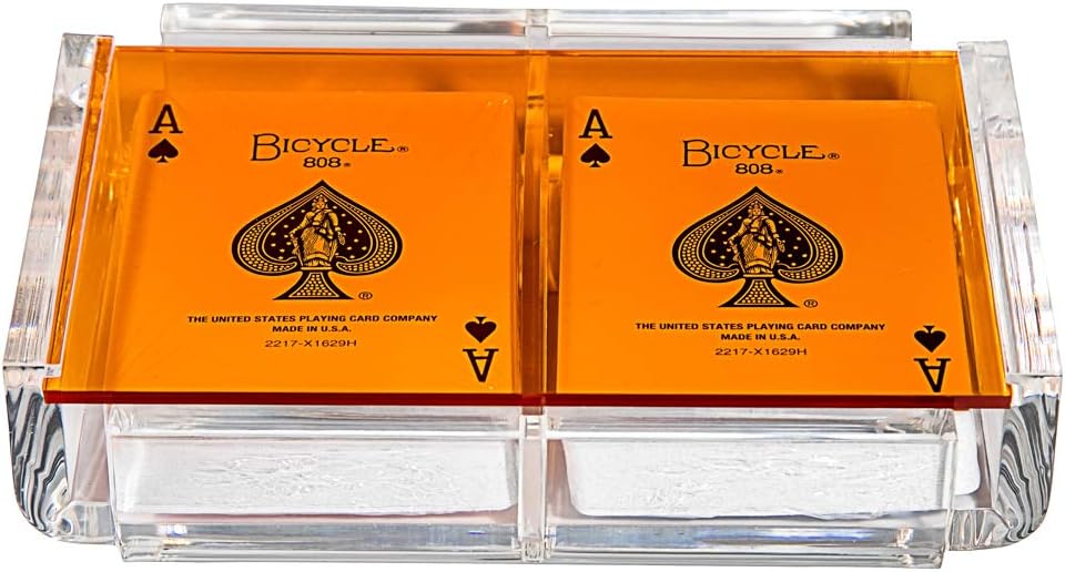 Modern Elegant Playing Card Deck Holder Tray with 2 Decks of Playing Cards in Unique Stylish Deluxe Acrylic Box with Color lid (Orange)