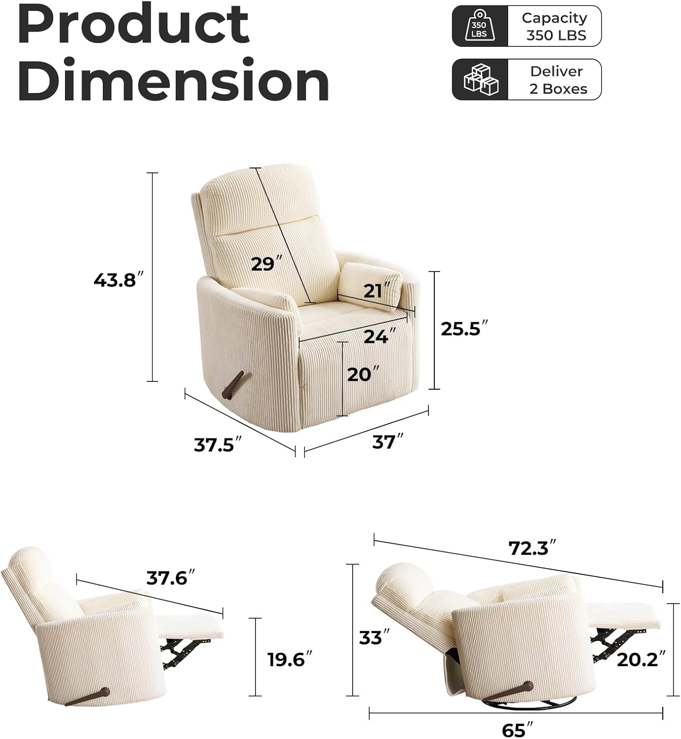Oversized Swivel Rocker Recliner with Massage and Heat, Swivel Nursery Recliner with Adjustable Headrest, Manual Rocker Recliner Chair with Two Removable Pillows, Rocking Nursery Chair,Corduroy Beige
