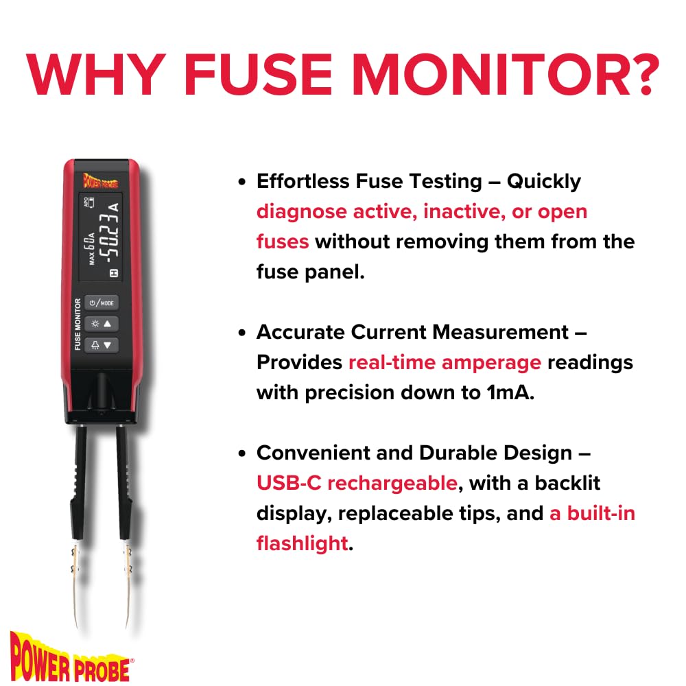 Power Probe PPFUSE Fuse Monitor - Circuit Tester for Mini, Maxi & ATC Fuses – Live Current Readings Up to 80A – Replaceable Tips, and Built-in Flashlight