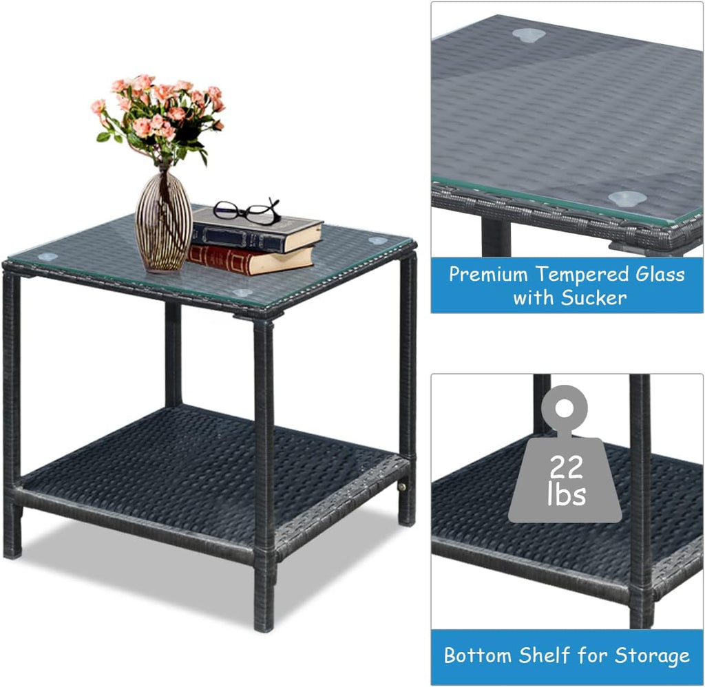Tangkula 3 Pieces Patio Wicker Rocking Bistro Set, Outdoor Rocking Chair Furniture Set w/Cushioned Seat, Conversation Set w/Glass Coffee Table and Storage Shelf (Gray)