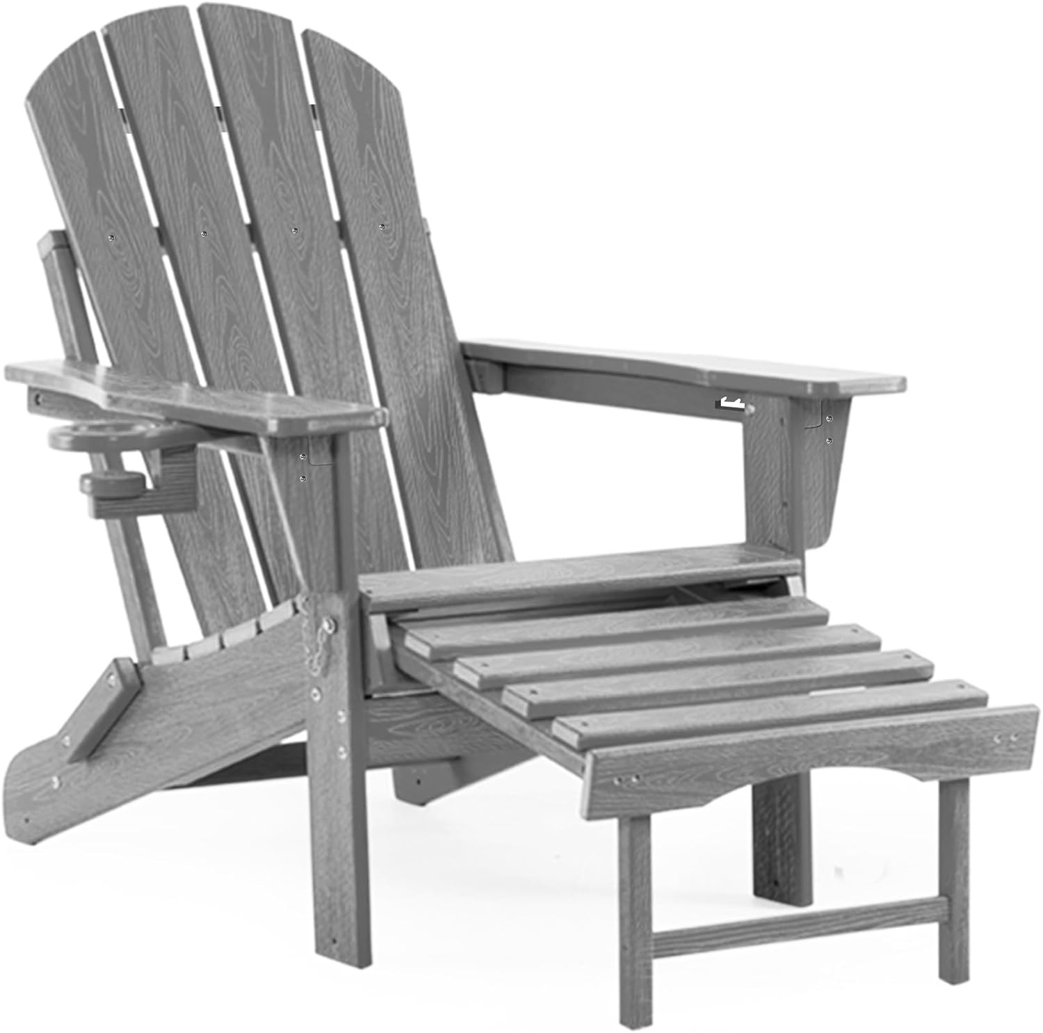Adjustable Adirondack Rocking Chair with Retractable Ottoman, 4-in-1 Multifunctional Folding Patio Chair with Cup Holder, Outdoor Chair Wood Texture for Lawn, Porch, Backyard, Pool(Grey)