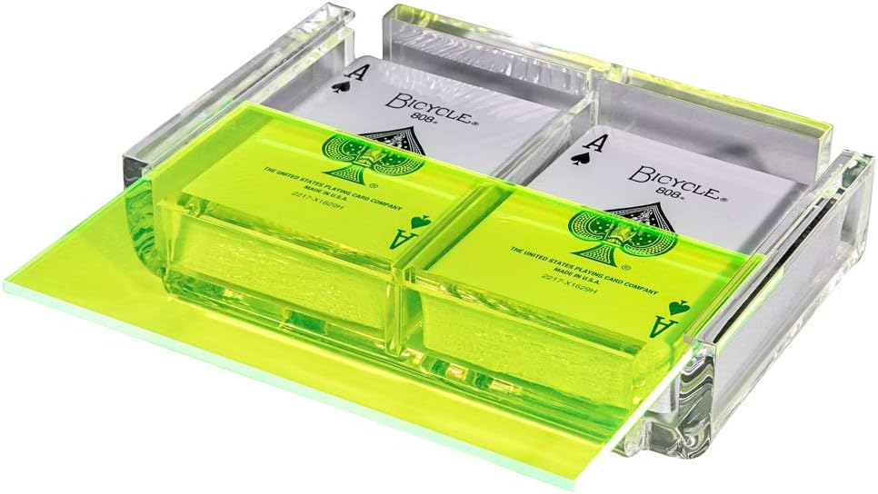 Modern Elegant Playing Card Deck Holder Tray with 2 Decks of Playing Cards in Unique Stylish Deluxe Acrylic Box with Color lid (Neon Green)