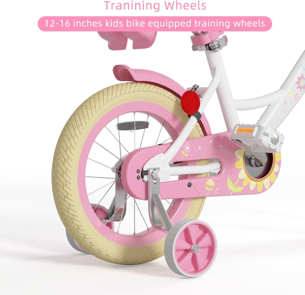 Glaf Toddler Girls Bike for Age 2-9 Years 12 14 16 Inch Girls Bike with Training Wheels and Doll Seat Kids Bike Bicycle with Basket,Adjustable Seat,Bell