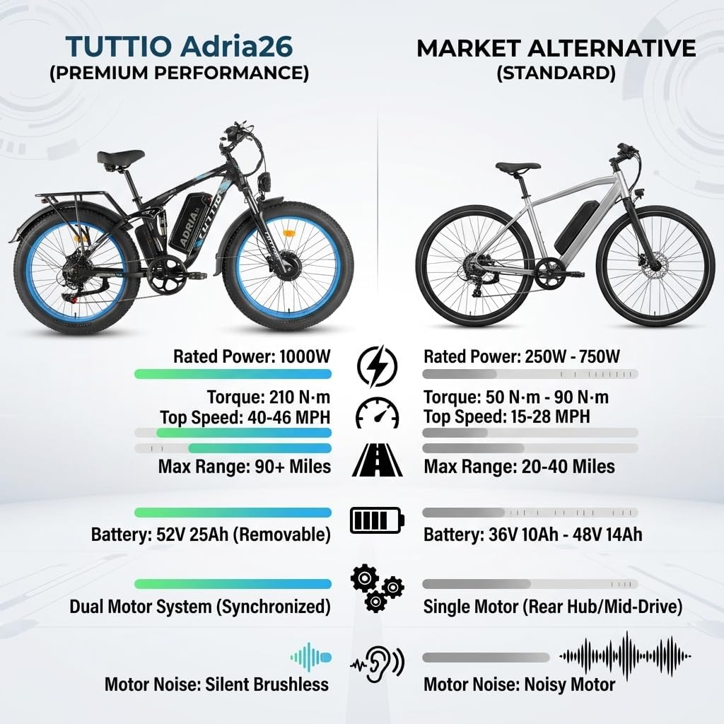 TUTTIO Adria26 5000W/6000W Dual Motor Ebike, 40-46MPH Electric Bike for Adults, 26' x 4' Fat Tire Electric Mountain Bike, 52V 25AH E-Bike Full Suspension Electric Dirt Bike for Off-Road Hunting