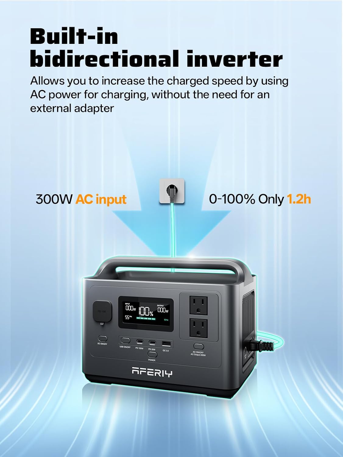 AFERIY Portable Power Station 800W Peak/400W Rated,45min Fast Charging, 80000mAh/256Wh LiFePO4 Battery, 10ms UPS, Solar Powered Power Bank with AC Outlet 120V for Camping, Outdoor, Emergency,Home Use