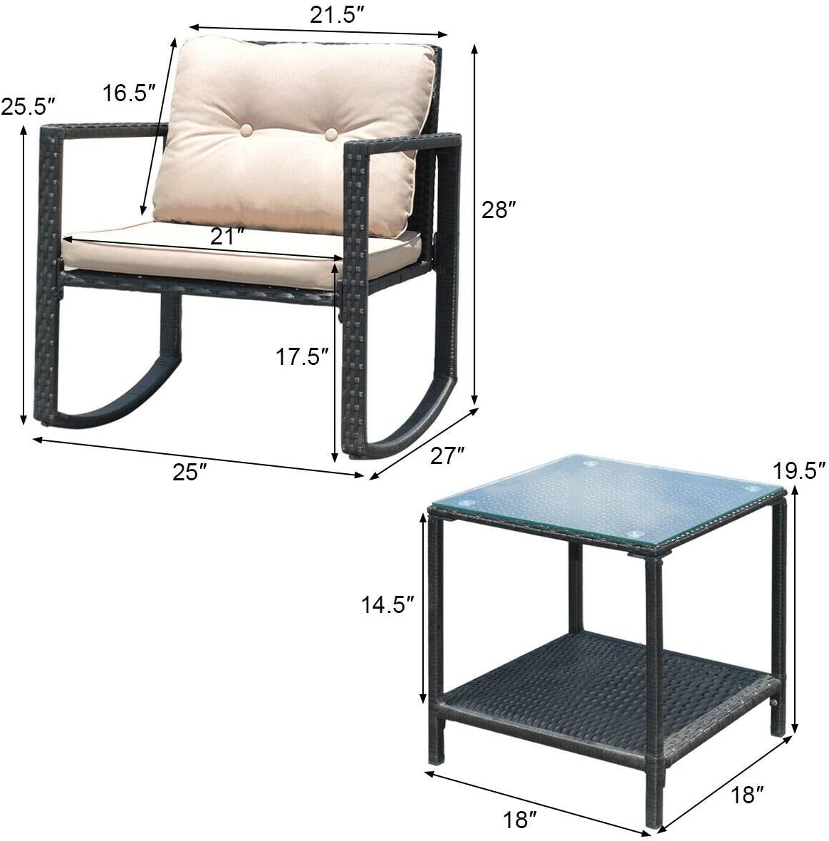 Tangkula 3 Pieces Patio Wicker Rocking Set, Outdoor Rocking Chairs and Table Set with Cushions, Glass Coffee Table with Storage Shelf, Suitable for Patio, Garden, Poolside, Balcony (Beige)