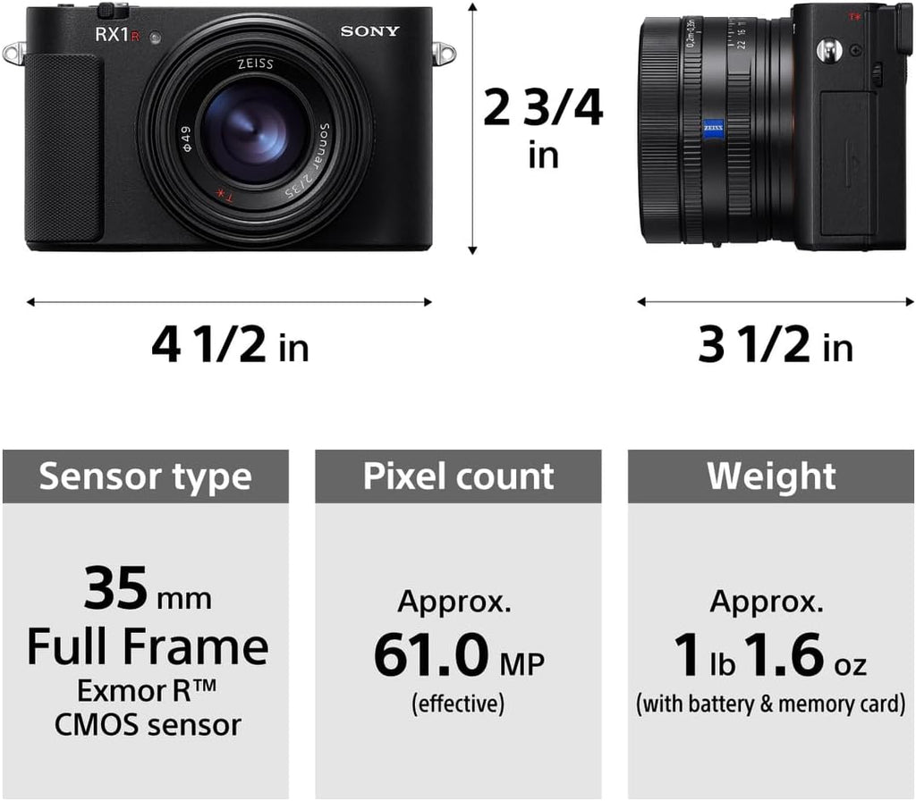 Sony RX1R III Full-Frame Premium Compact Camera Optimized with 61 MP CMOS Sensor, ZEISS® Sonnar T* 35mm F2 Lens, BIONZ XR™ Processor and AI-Based Subject Recognition