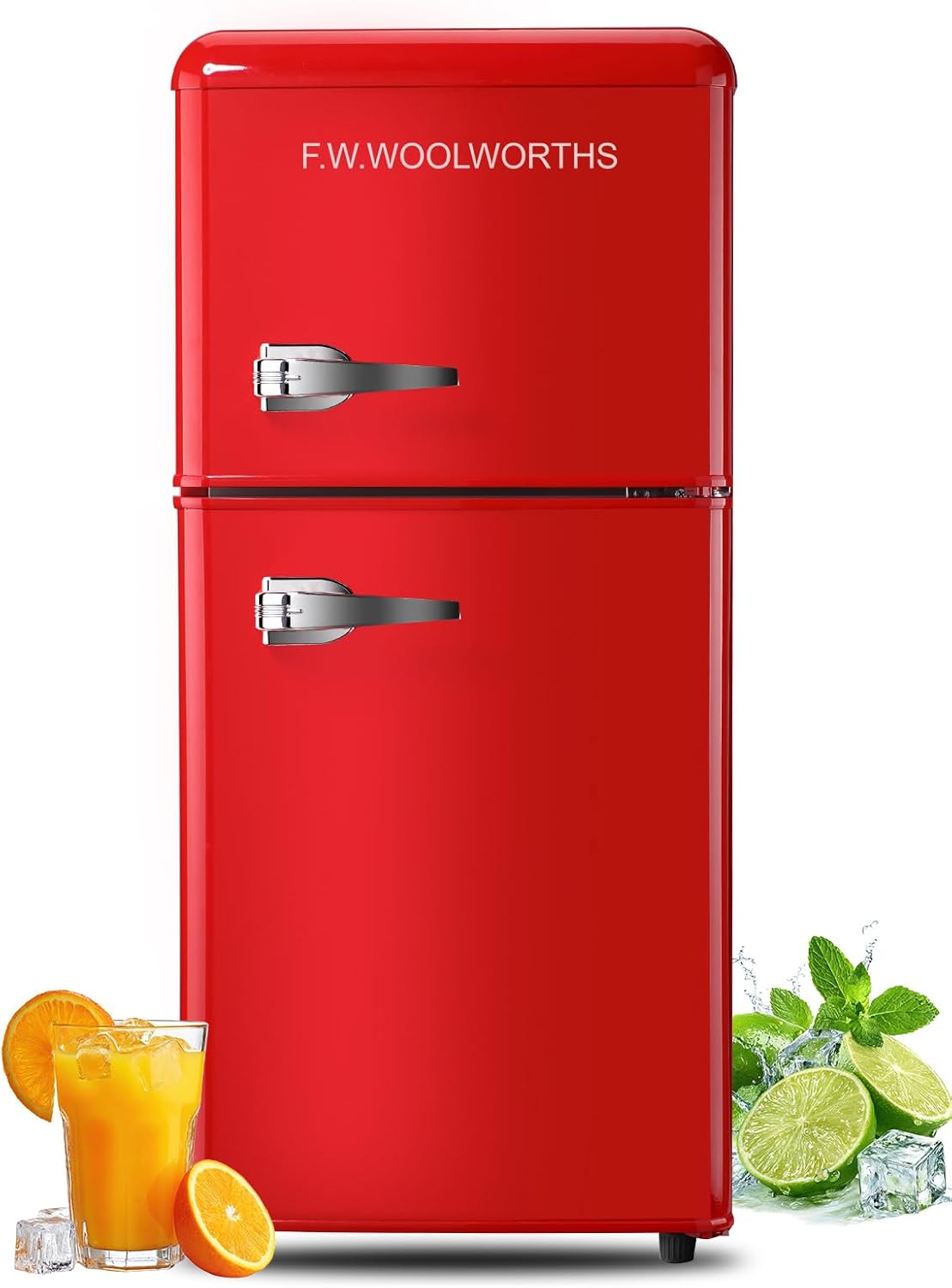 F.W.WOOLWORTHS 3.5 Cu.Ft Fridge with Freezer, Refrigerator with 2 Doors for Office, Kitchen, Dorm and Bedroom, Fridge with 7 Level Temp Adjustable Thermostat, Red