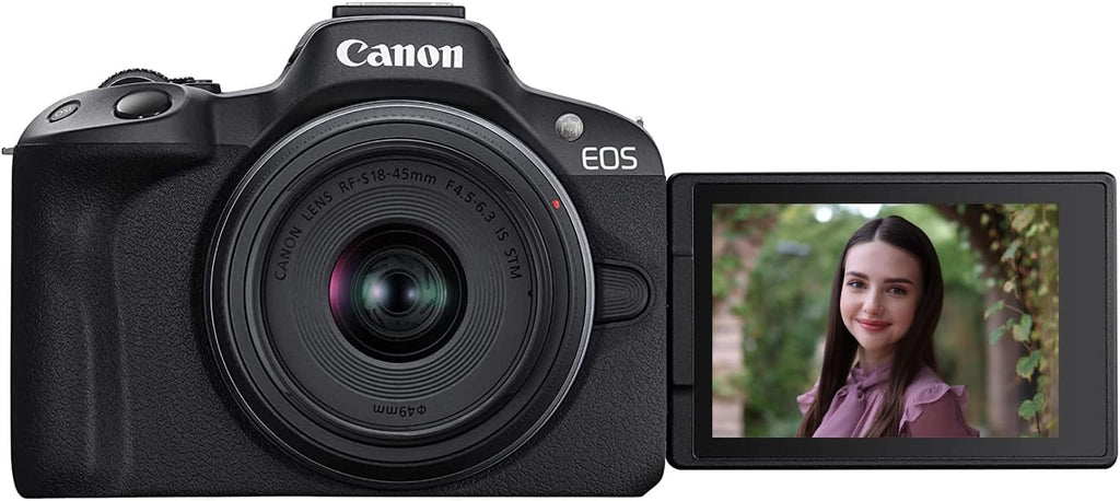 Canon EOS R50 Mirrorless Camera (Black) with RF-S 18-45mm F4.5-6.3 is STM Lens 5811C012 Bundle with Deco Gear Photography Bag + 2 x Battery + 2 x 64GB Memory Cards + Accessories Kit
