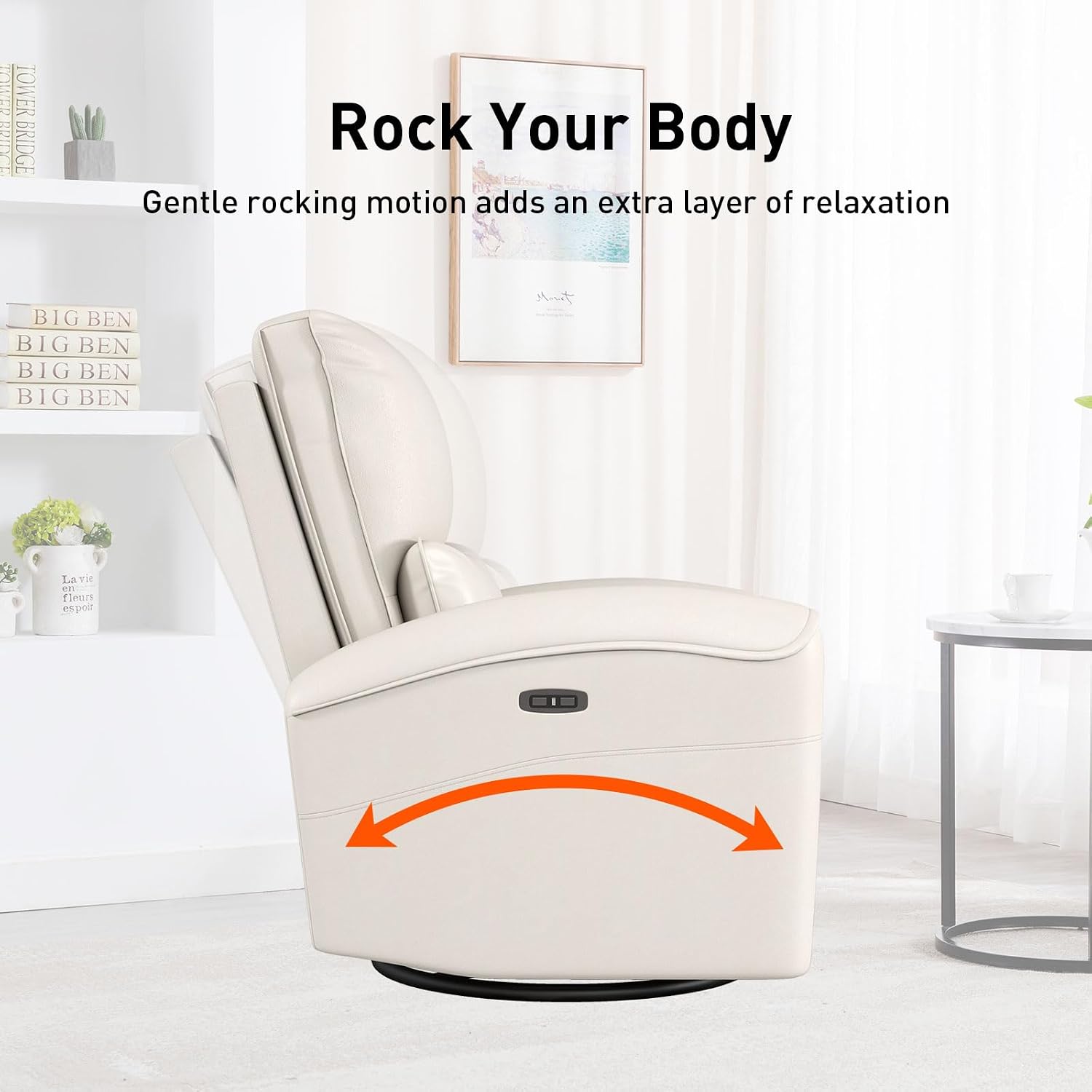 Bonzy Home Power Swivel Rocker Recliner Chair with USB Port, 23.2' Wide Seat, Fixed Lumbar Support, Upholstered Glider Chair for Nursery Living Room, Beige