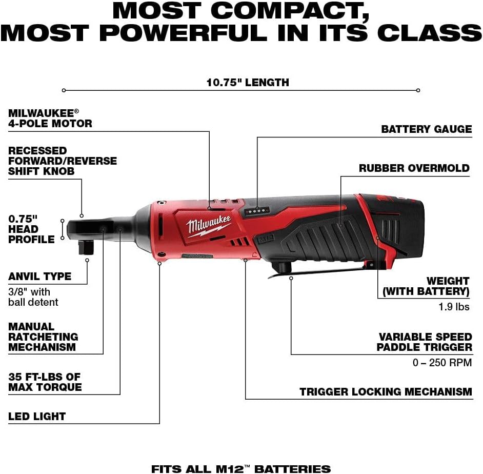 Milwaukee 2457-21 3/8-in Cordless M12 Lithium-Ion Ratchet Kit