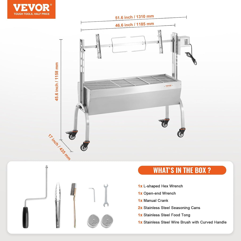 VEVOR Rotisserie Grill, BBQ Whole Pig Lamb Goat Charcoal Spit Grill, 46 Inch 132 Lbs Capacity, Electric 52W Motor Stainless Steel Rotisserie Roaster with Lockable Wheels, for Camping Outdoor