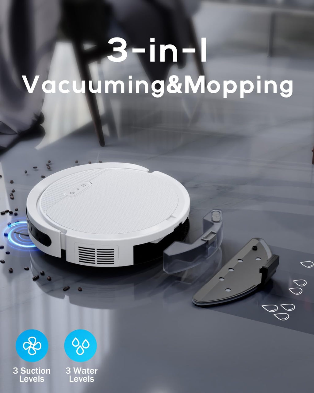 V3 Robot Vacuum and Mop Combo，3 in 1 Robot Vacuum 5000Pa Suction, Works with 2.4G WiFi/Alexa/App/Remote Control, Schedule Cleaning, Automatic Self-Charging, Ideal for Pet Hair, Hard Floor and Carpet