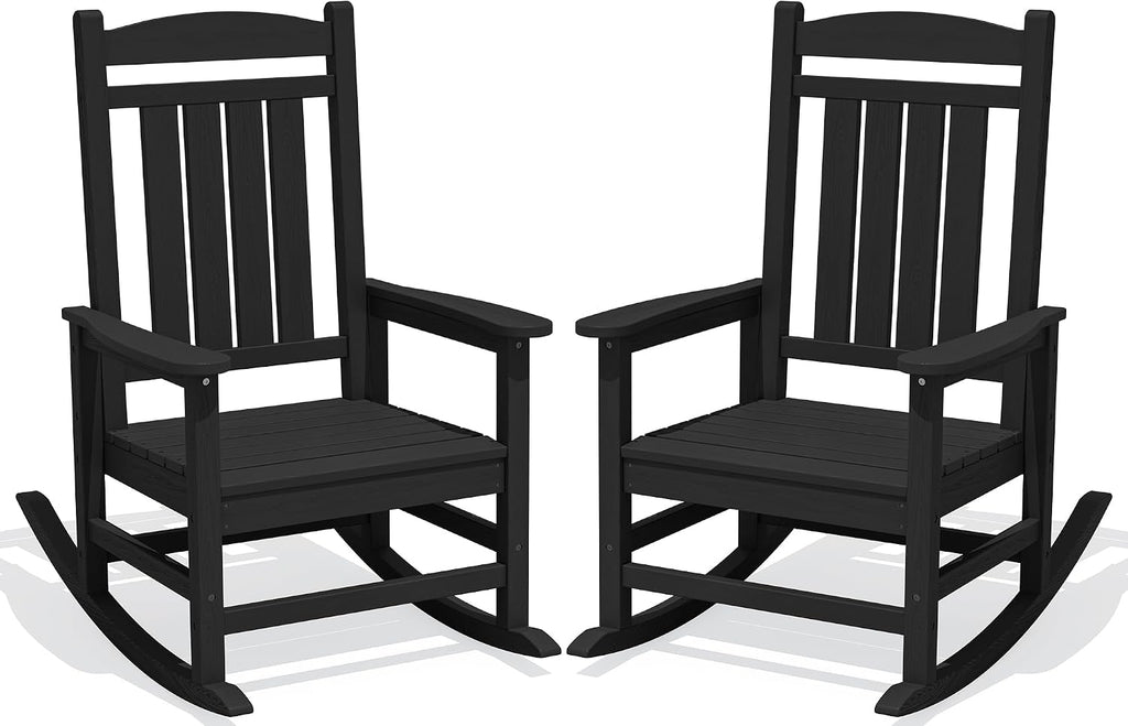 KINGYES Oversized Outdoor Rocking Chair Set of 2, High Density Polyethylene Patio Rocking Chairs with 330lbs Support for Adults, Black