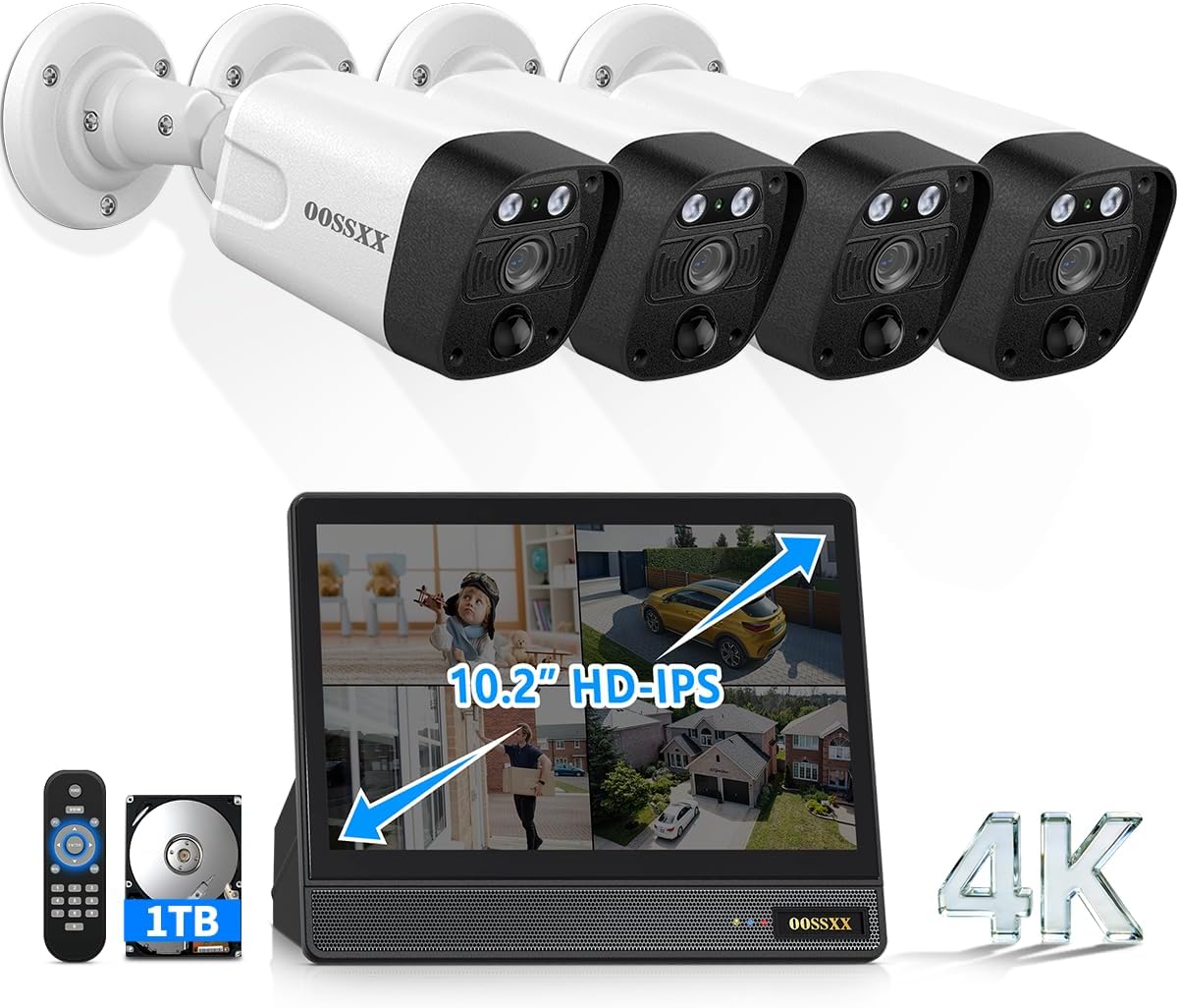 OOSSXX (2026 New) 4K PoE Security Camera System Outdoor, 8CH NVR with 10.2' IPS Monitor & 1TB HDD, 4 Cameras, 130° Wide Angle, AI Human Detection, Two-Way Audio, No Monthly Fee