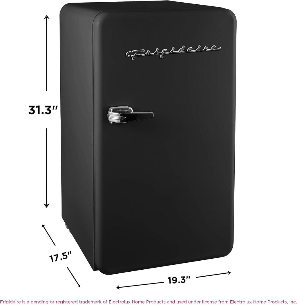 Frigidaire Retro Compact Refrigerator with Chiller, 3.2 cu ft Countertop Fridge, Built-In Bottle Opener, Rounded Corners, Premium, for Office, Bedroom, Dorm Room, Cabin, 18.5D x 20W x 31.5H (Black)