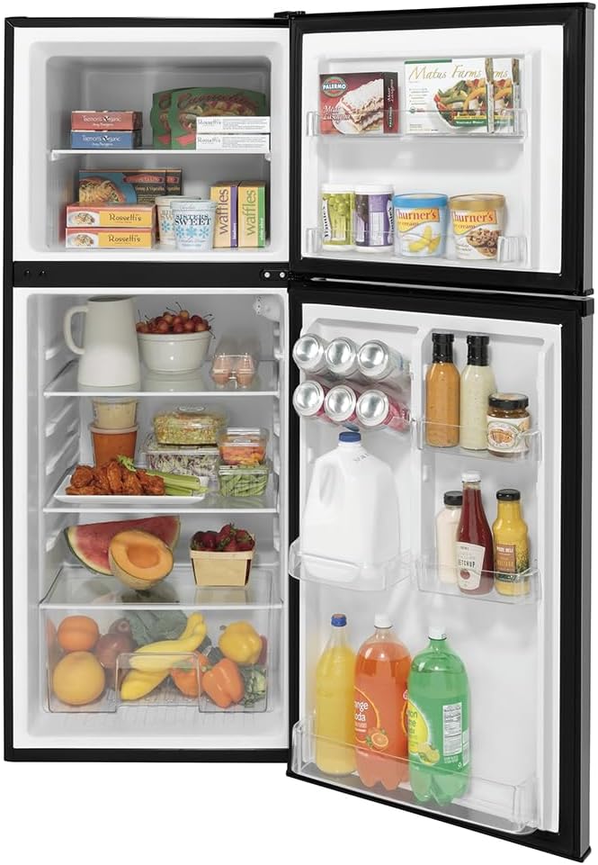 GE GPV10FSNSB 24' Top Freezer Refrigerator with 9.93 cu. ft. Capacity 12V DC Power Only LED Lighting and Adjustable Spillproof Glass Shelves in Stainless Steel and Black