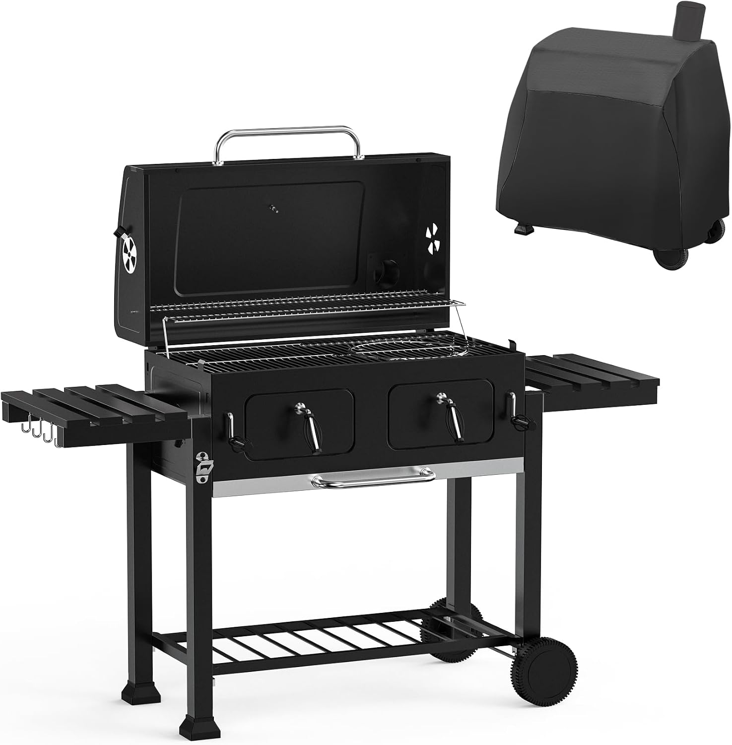 ONLYFIRE GRILLS Large BBQ Charcoal Grill with Cart & 2 Liftable Charcoal Trays, 794 SQ.IN Cooking Area, Heavy Duty Outdoor Barbecue Grill with Foldable Side Tables, Wheels & Cover, GS339