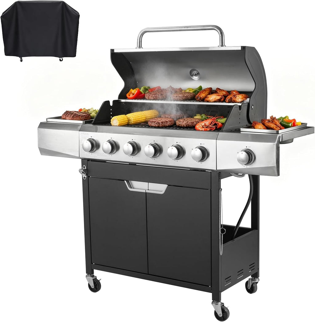 Endark Upgraded 68,500 BTU 6-Burner Propane Gas Grill with Side Burner | Stainless Steel Outdoor BBQ Grill with Porcelain Grates & Wheels for Patio, Garden, Backyard