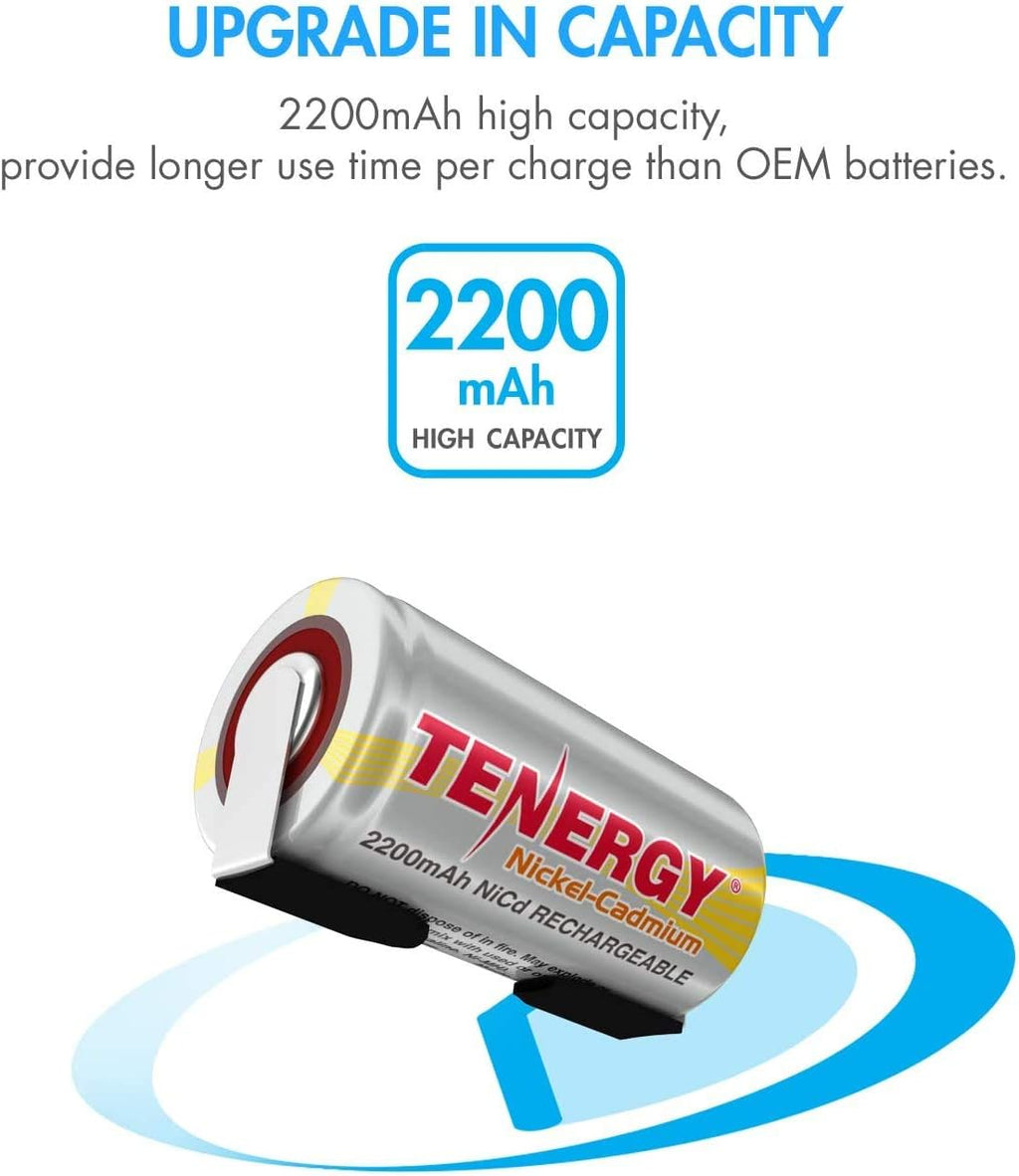 Tenergy 2200mAh Sub C NiCd Battery for Power Tools, 1.2V Flat Top Rechargeable Sub-C Cell Batteries with Tabs, 120 Pack
