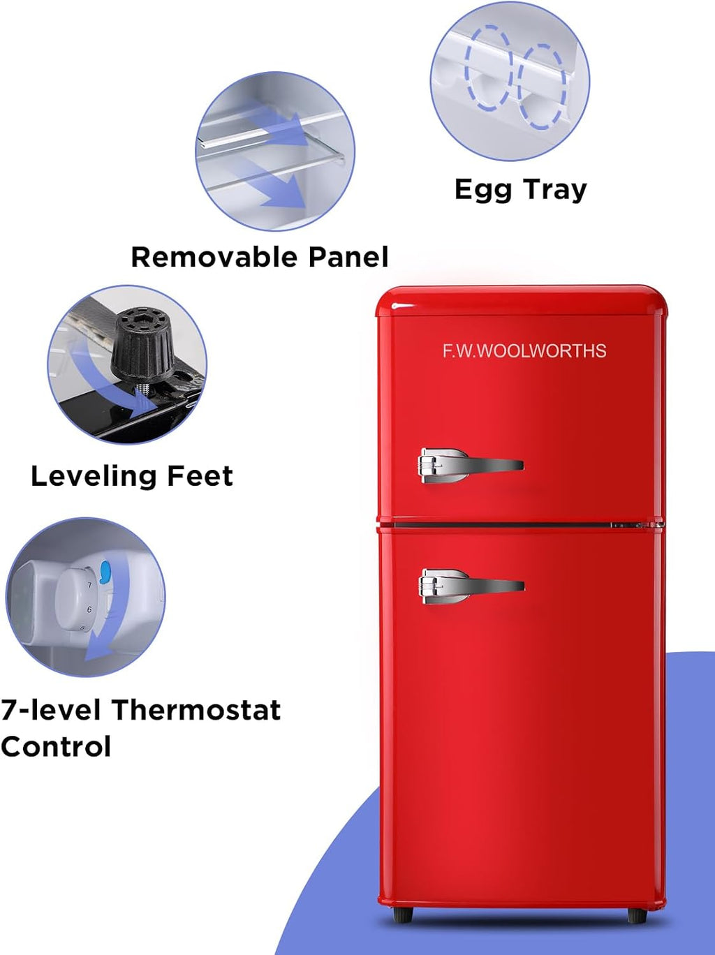 F.W.WOOLWORTHS 3.5 Cu.Ft Fridge with Freezer, Refrigerator with 2 Doors for Office, Kitchen, Dorm and Bedroom, Fridge with 7 Level Temp Adjustable Thermostat, Red