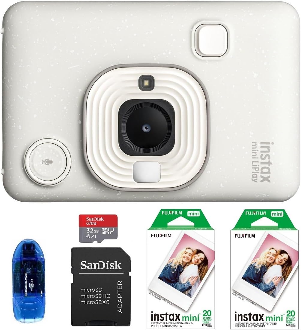 FUJIFILM INSTAX MINI Liplay Hybrid Instant Camera Bundle, Includes: INSTAX MINI Instant Film (40 Exposures), 32GB MicroSD Memory Card and Card Reader (5 Items) (Misty White)