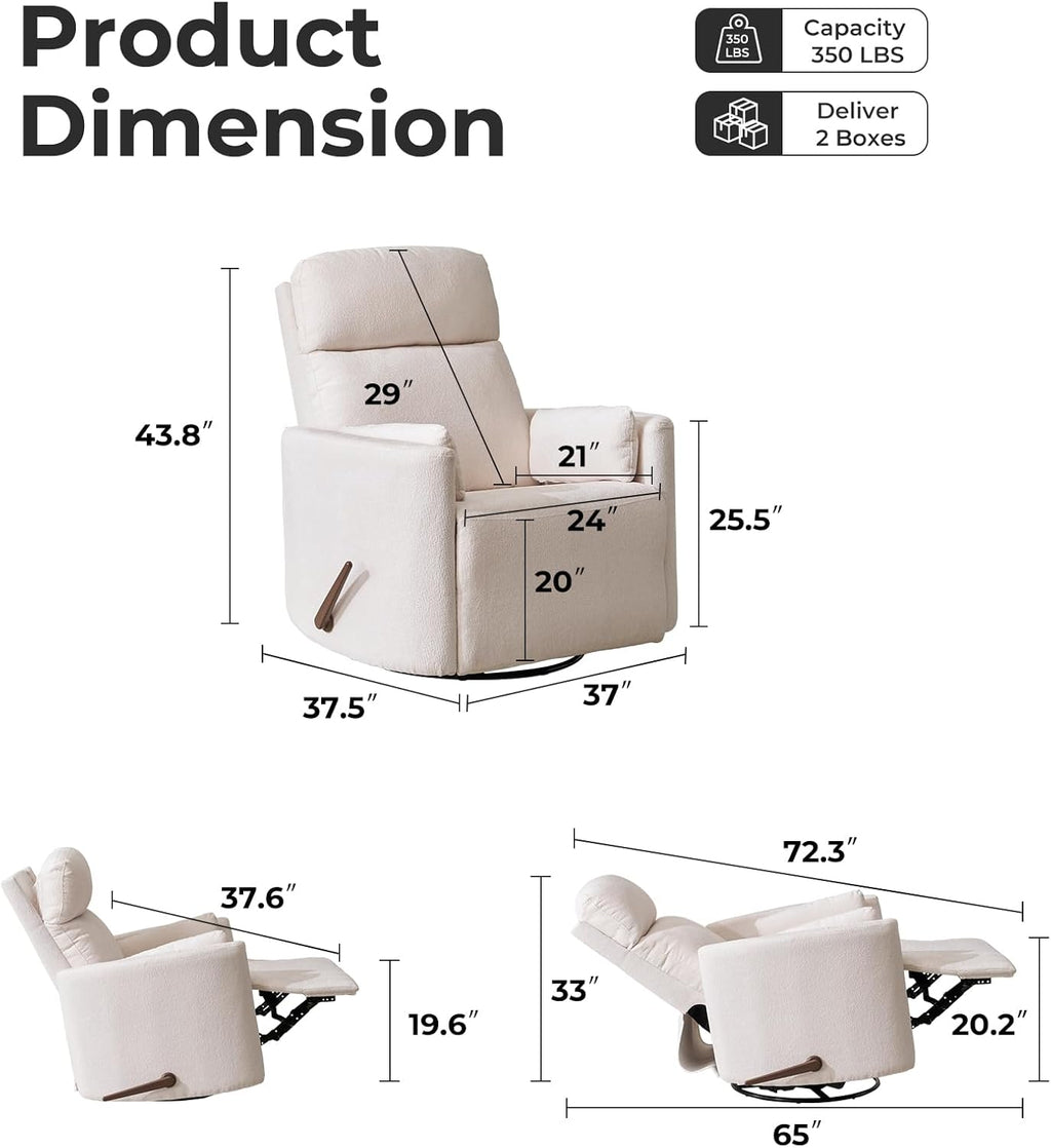 Oversized Swivel Recliner Chair with Massage and Heat, Rocking Chair Nursery with Adjustable Headrest, Rocking Chair Nursery Glider Chairs with 2 Pillows, Glider Rocker Recliner, White