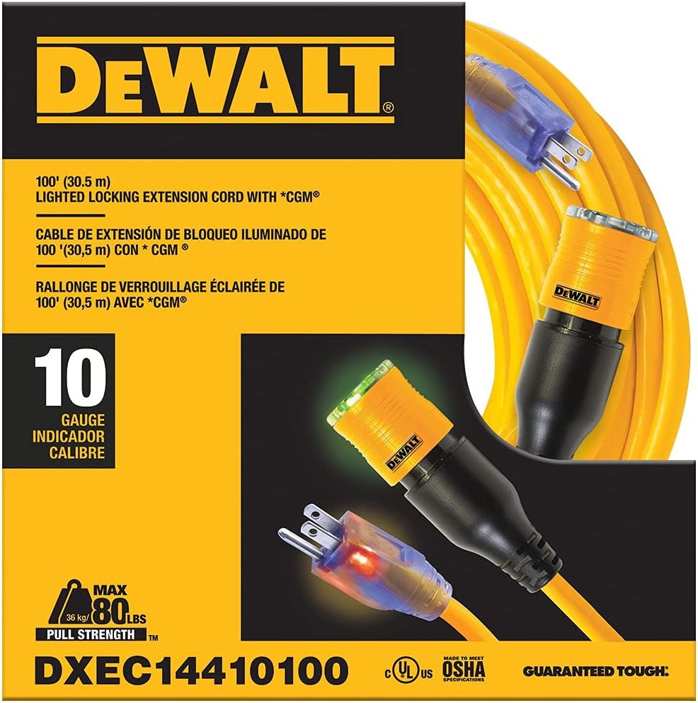 DEWALT 100 Foot Extension CordLighted Click-to-Lock 10/3 SJTW -Heavy Duty Outdoor, Waterproof, Weatherproof, Heat & Corrosion Resistant Industrial Strength Light Up Three Prong Outlet Plug Power Cord
