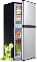 DEMULELR 3.9Cu.ft Refrigerator with Freezer Black Two Door Mini Fridge with Crisper Drawer & Extra Drink Space, LED Light, Full-Size Fridge for Dorm Office 17.5'D x 17'W x 40'H，Silver