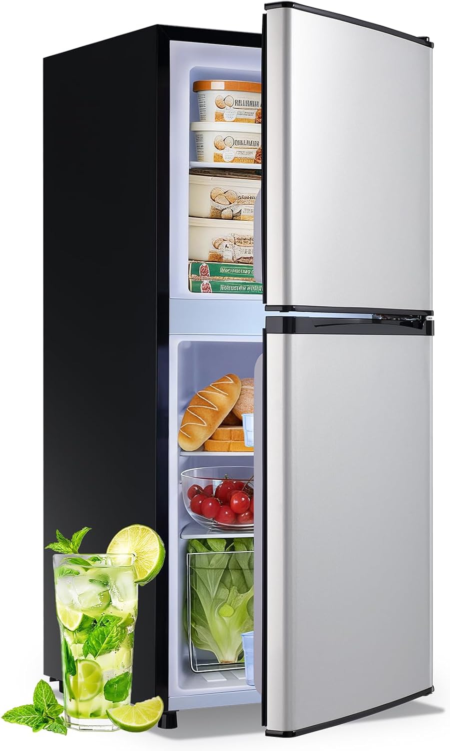 DEMULELR 3.9Cu.ft Refrigerator with Freezer Black Two Door Mini Fridge with Crisper Drawer & Extra Drink Space, LED Light, Full-Size Fridge for Dorm Office 17.5'D x 17'W x 40'H，Silver