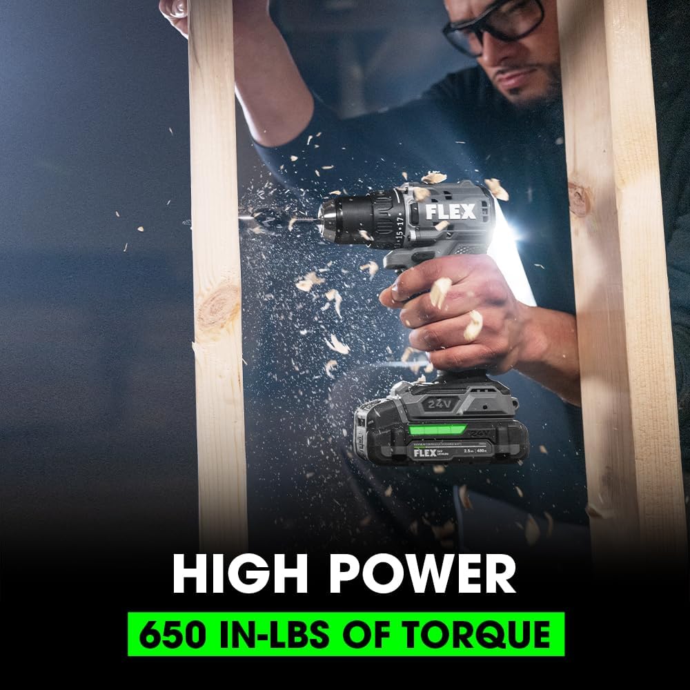 FLEX 24V Brushless Cordless 1/2-Inch 650 In-Lbs Torque 2-Speed Compact Drill Driver Kit with 2.5Ah Lithium Battery and 160W Fast Charger - FX1131-1A