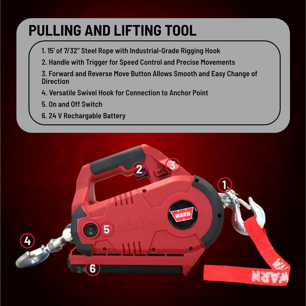WARN 885030 PullzAll Cordless 24V DC Portable Electric Winch with Steel Cable and 1 Rechargeable Battery Pack: 1/2 Ton (1,000 lb) Lifting/Pulling Capacity, Red